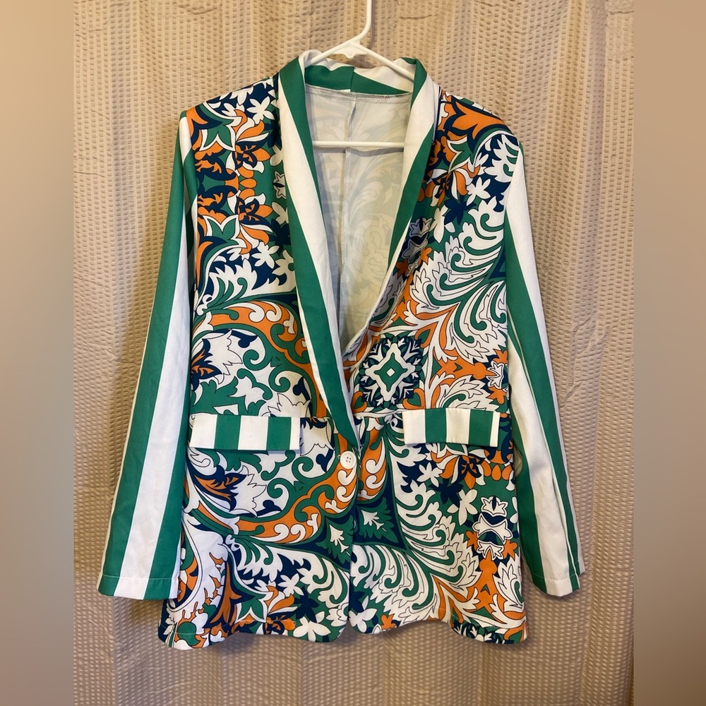 SHEIN Striped & Floral Print Shawl Collar Blazer